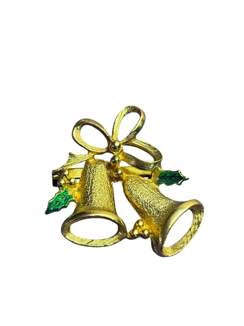 Vtg Goldtone Textured Christmas Bells Brooch Pin Green Enamel Leaves Holly Bow